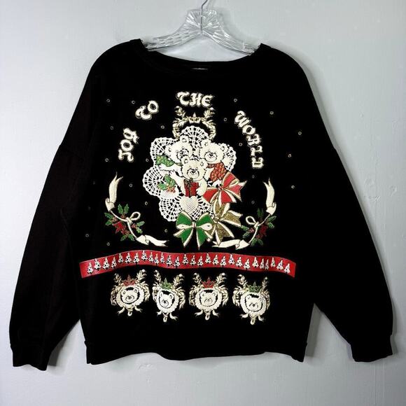 VTG 1990 Nutcracker Teddy Bear Joy To the World Puffy Paint Sweatshirt Size L - Picture 1 of 12